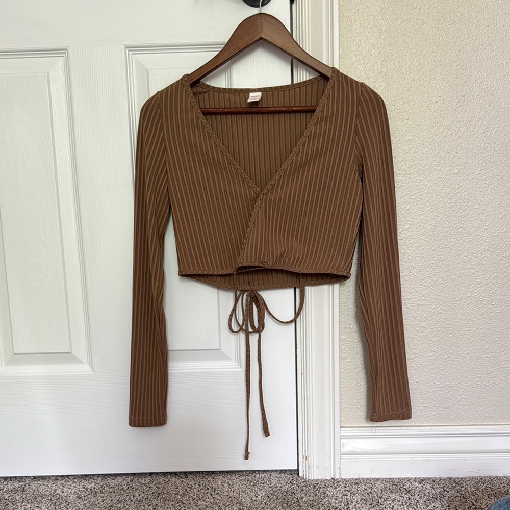 ROMWE Brown Ribbed Crop Blouse with Tie Front